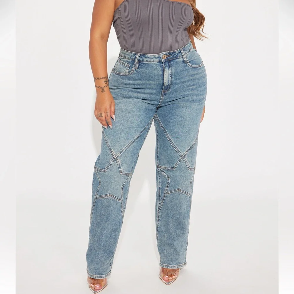 Fashion Nova Blue Star Design Straight Leg Jeans - Picture 2 of 4